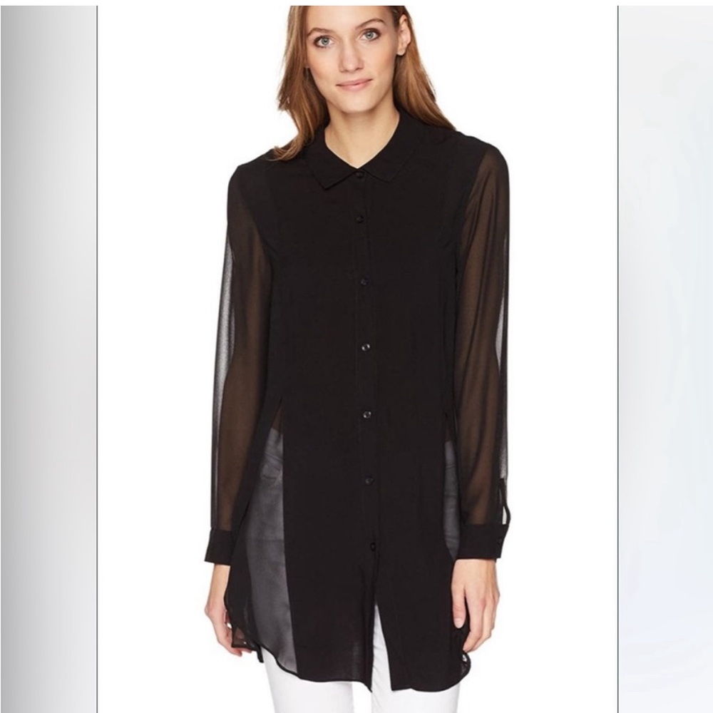 BCBG Generation Black Semi Sheer Tunic Length Button Up Blouse